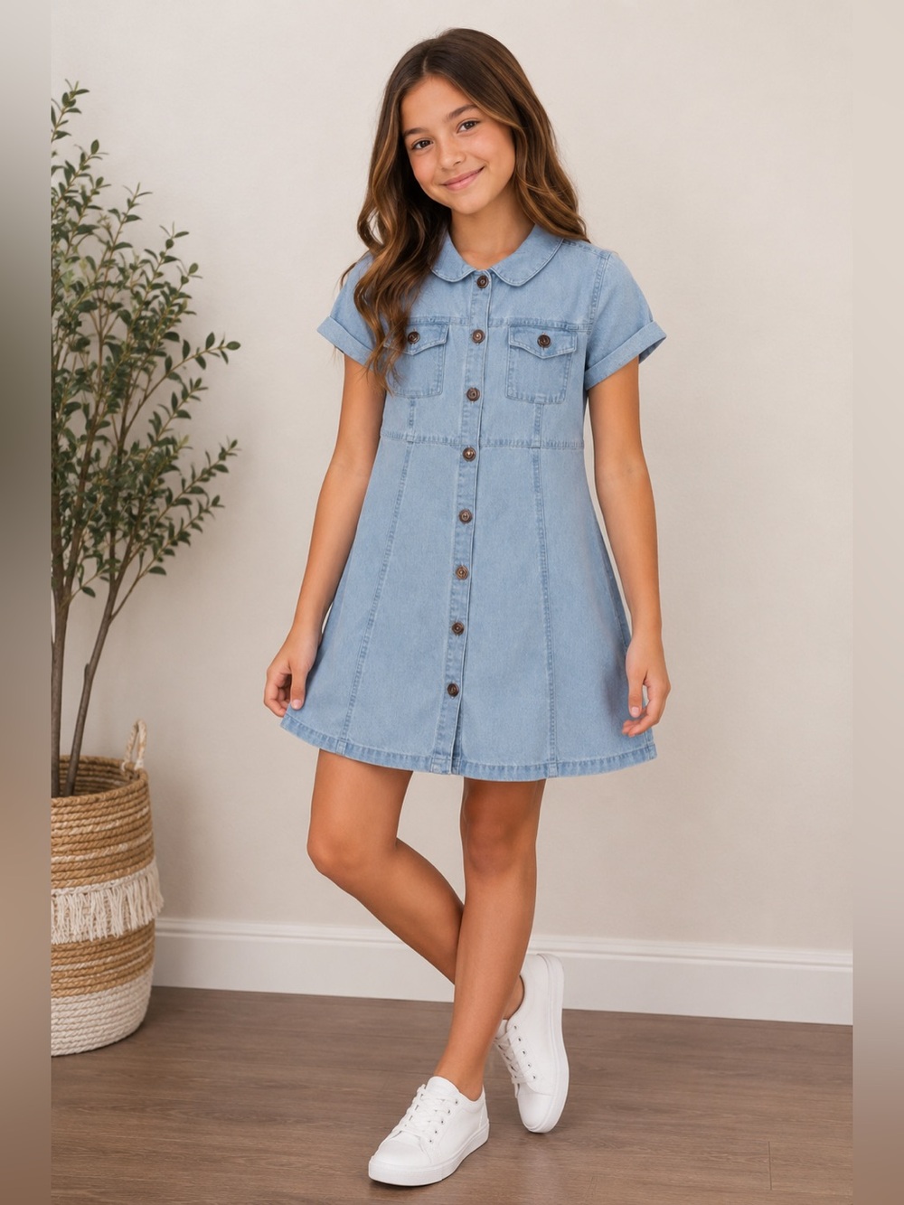 Vince Camuto Girls Light Blue Denim Button-Front Shirt Dress Size 12